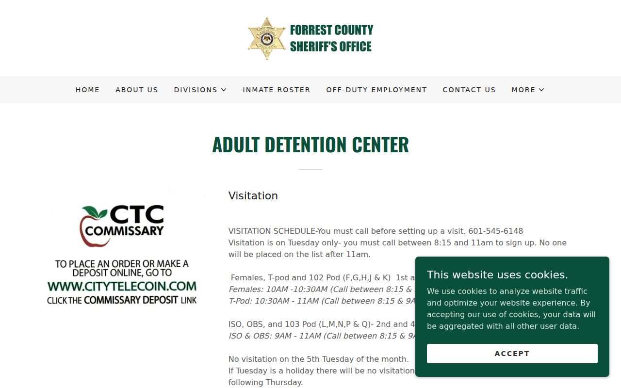 Forrest County Adult Detention Center page showing bond hours and booking contact for warrant releases