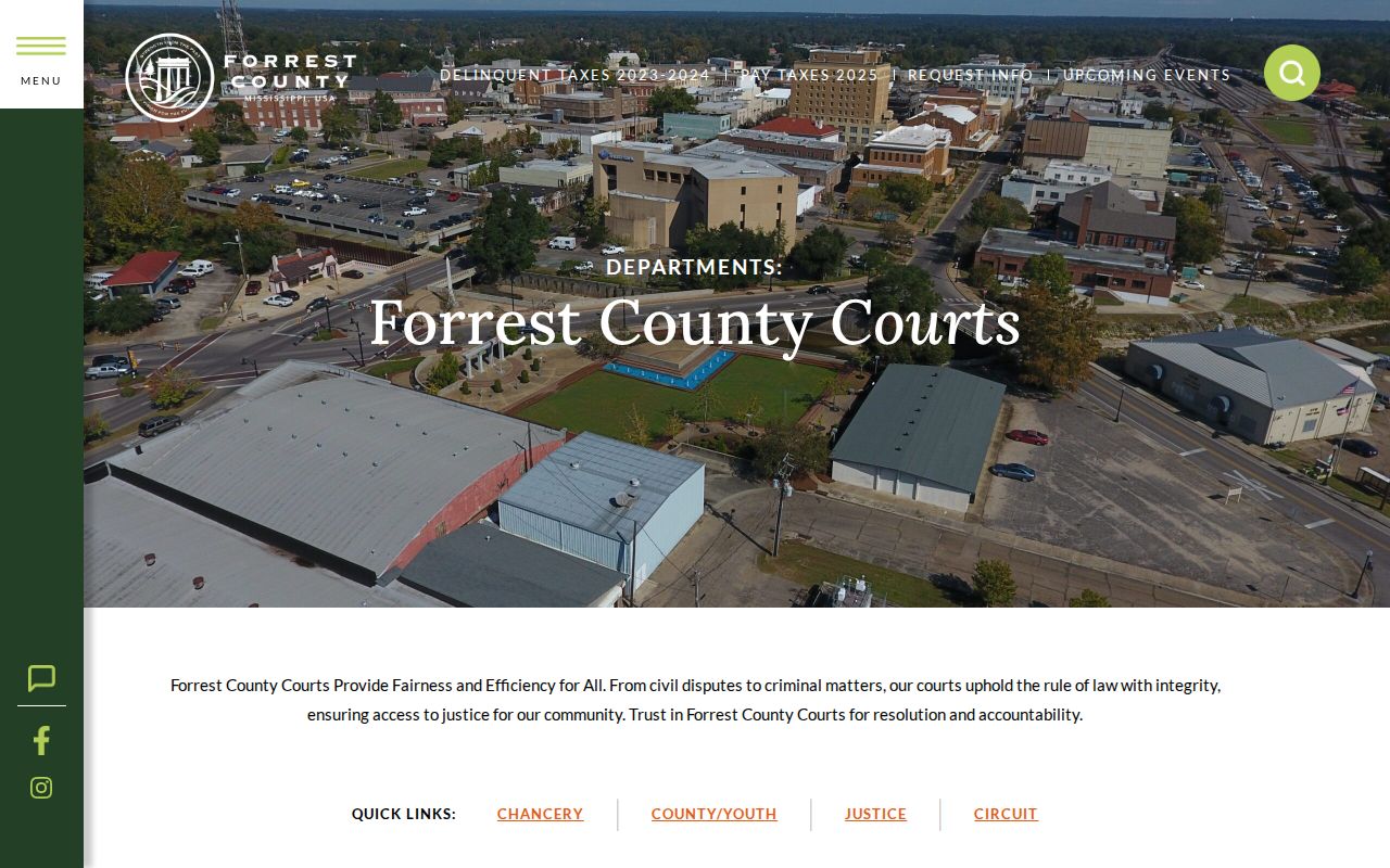 Forrest County courts page listing Chancery, County, Justice, and Circuit Court warrant contacts