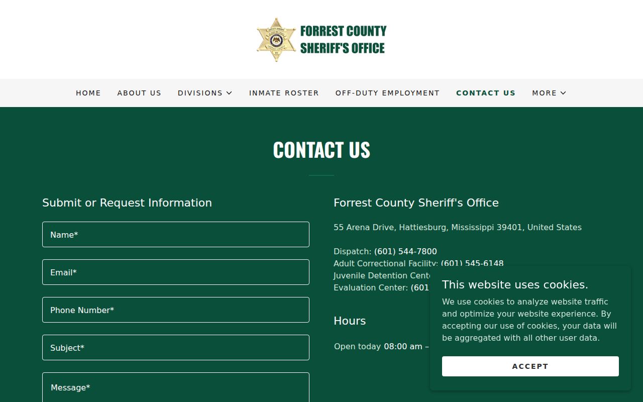 Forrest County Sheriff contact page showing dispatch, detention phone, and posted hours for warrant questions