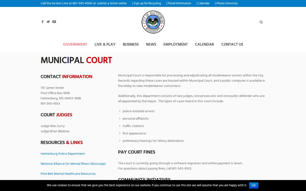 Hattiesburg Municipal Court page showing case categories and payment notice for Forrest County municipal warrants