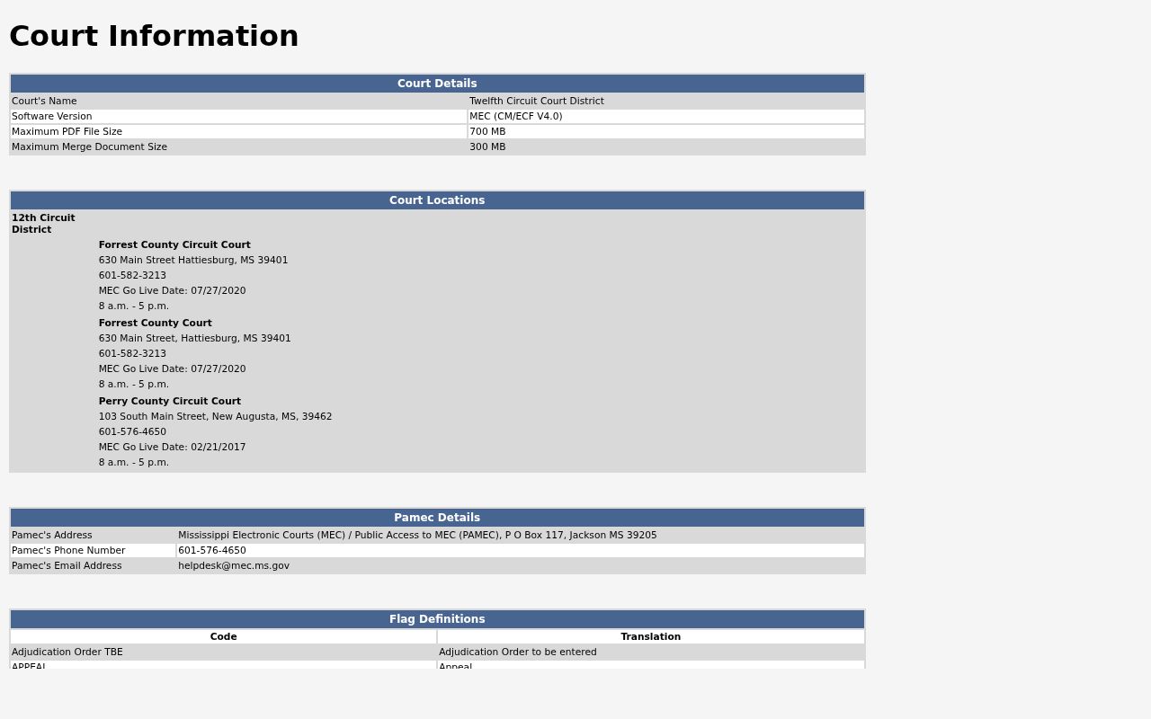 Twelfth Circuit MEC court information page listing Forrest County warrant docket flags and hours