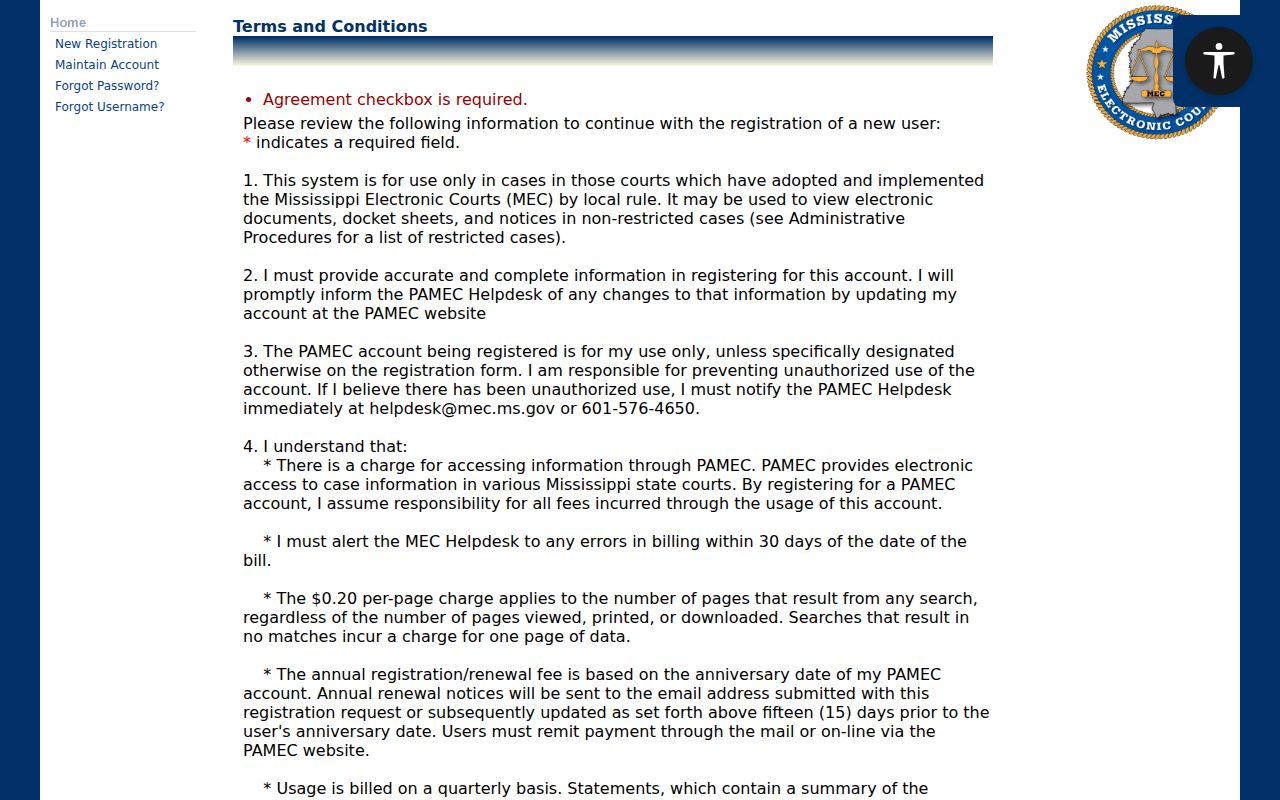 PAMEC public user terms page showing restricted case limits for Forrest County warrant records