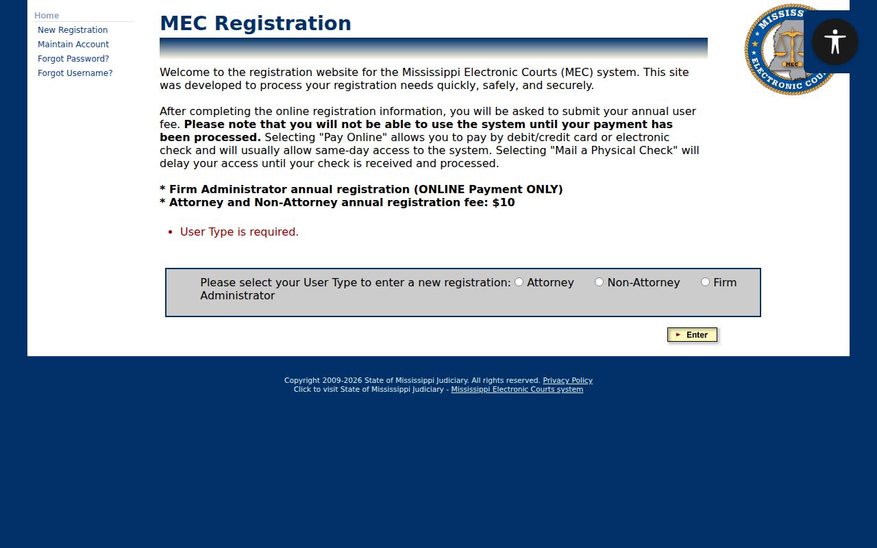 PAMEC registration screen showing user types and the annual fee for Forrest County warrant record access