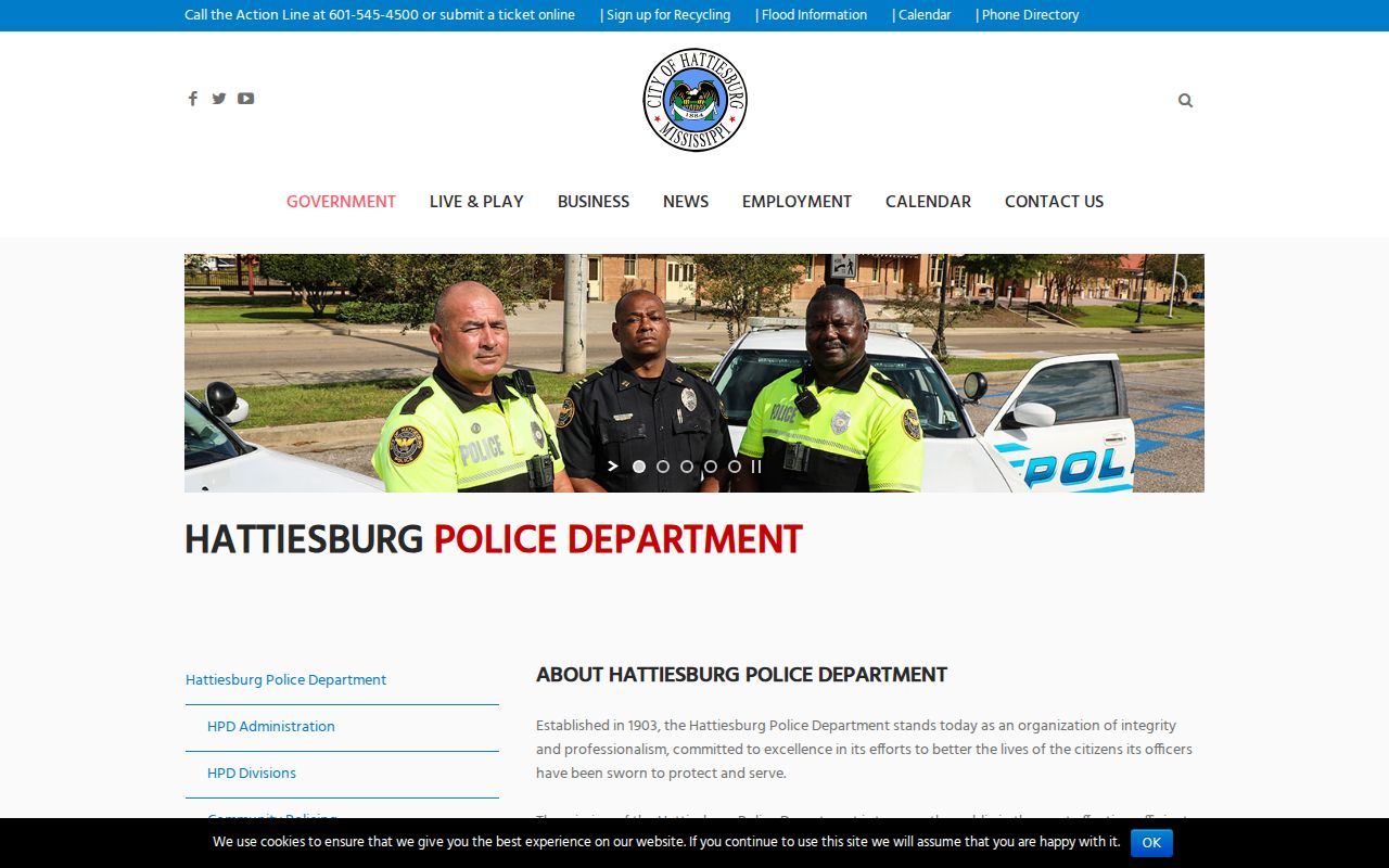 Hattiesburg Police Department contact page listing court, records, and dispatch numbers for Forrest County warrant service