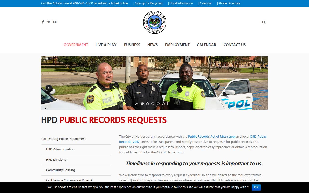 Hattiesburg Police records request page with timing rules for city warrant record requests