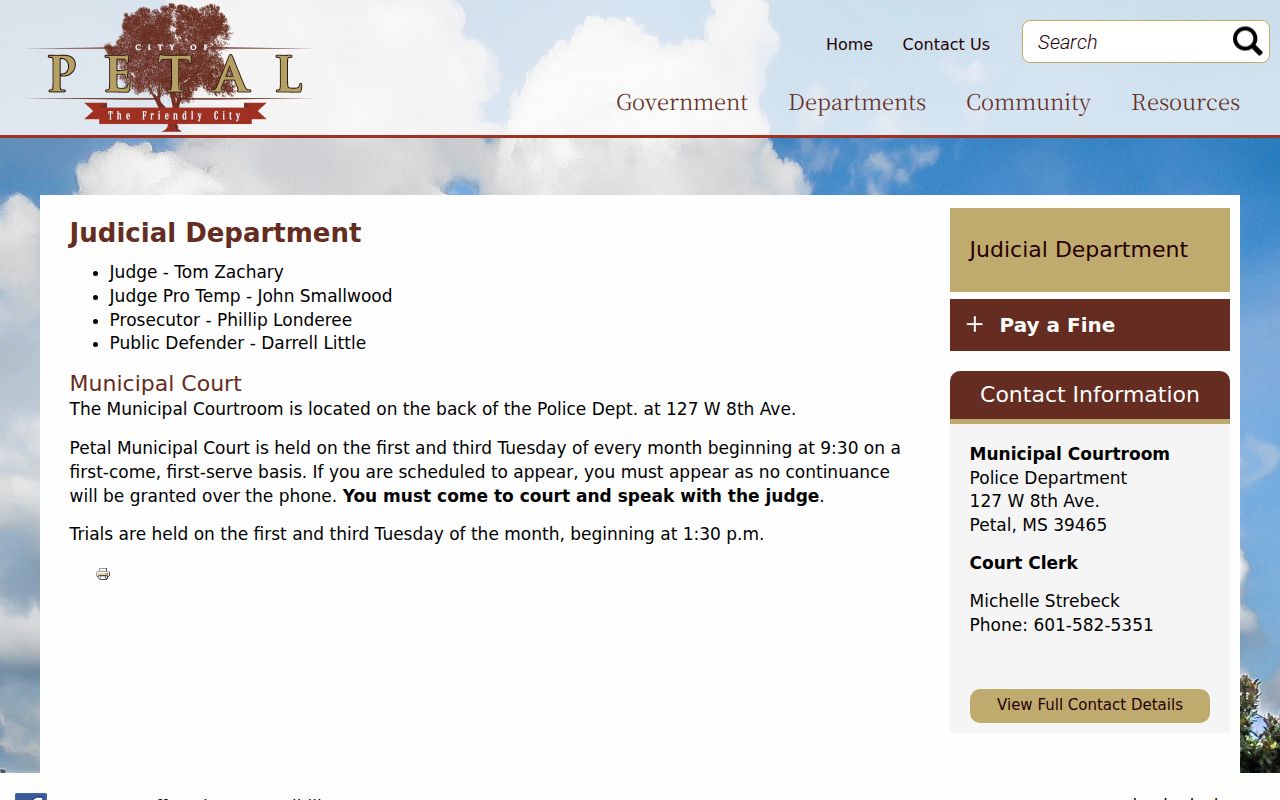 Petal Municipal Court page showing the first and third Tuesday schedule and clerk phone for warrant questions