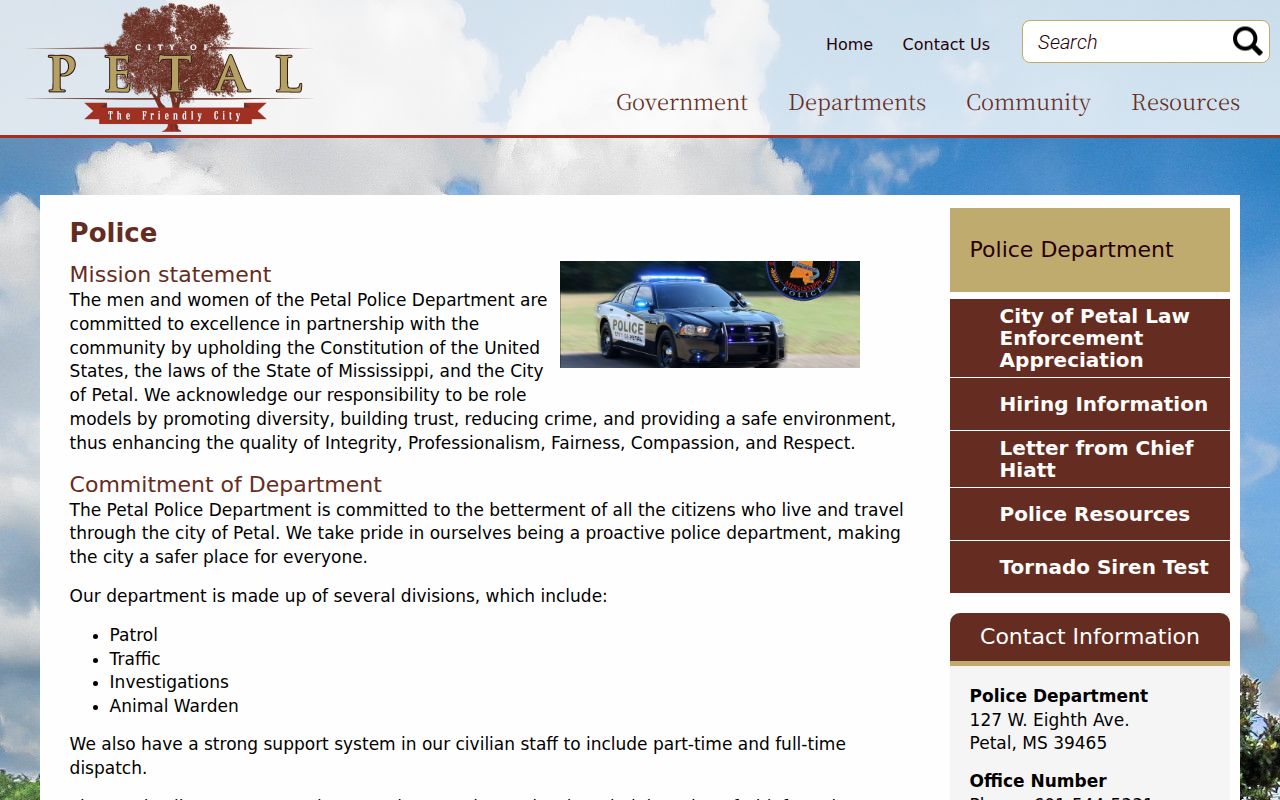 Petal Police Department page listing divisions and contacts relevant to Petal warrant questions