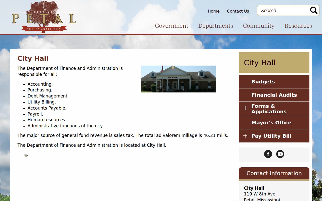 Petal City Hall page showing the public records contact and hours for Petal warrant record requests