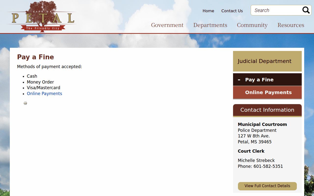 Petal pay fine page listing payment methods and clerk contact for Petal warrant and citation balances