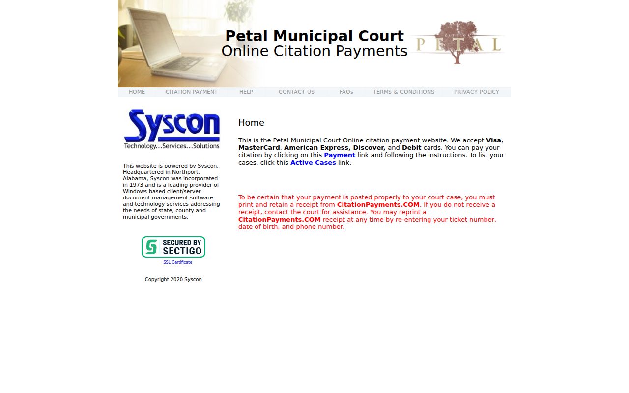 Petal Municipal Court citation payment portal used for Forrest County traffic warrant and fine payments