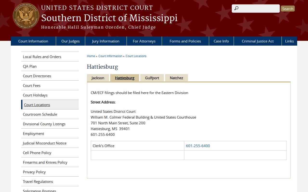 Southern District of Mississippi Hattiesburg courthouse page with clerk contact for federal warrant questions