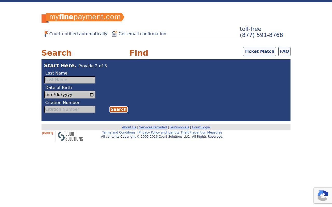 Forrest County linked citation portal showing the two-of-three search fields for traffic warrant and fine lookups