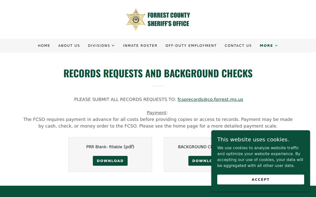 Forrest County Sheriff public records request page showing the records email and advance payment notice