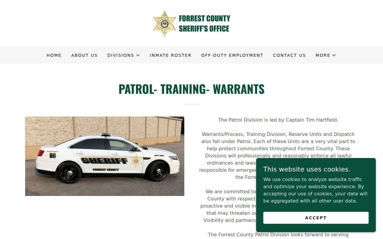 Forrest County Sheriff Warrants and Process unit page describing warrant service and court phone fallback